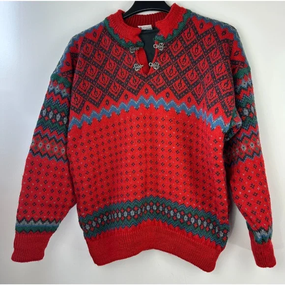Dale Of Norway Pure Wool Lined Heavyweight Sweater Red Nordic Print Clasp Large - Picture 16 of 16